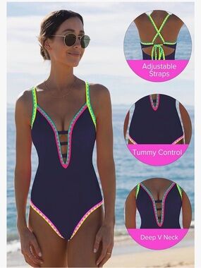 NWT 🆕 Women’s one-piece bathing suit POPVIL navy neon Deep v-neck Size Small